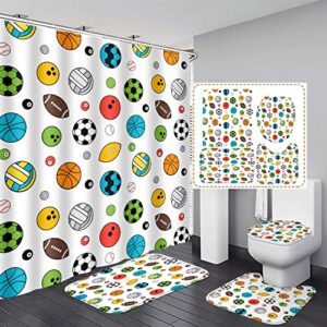 EARVO 4PCS Colorful Ball Games Shower Curtain Sets with Non-Slip Rugs U-Shaped Mat Toilet Lid Cover Exercise Sports Bathroom Decor with 12 Hooks 71x72 in Polyester Fabric SETMYEA127