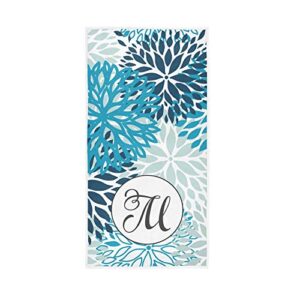 oreayn monogrammed hand towel for bathroom kitchen polyester and cotton 30 x 15 inch soft and absorbent, blue and navy chrysanthemum flowers pattern, monogram letter m