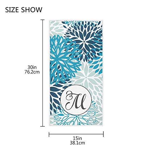 Oreayn Monogrammed Hand Towel for Bathroom Kitchen Polyester and Cotton 30 x 15 inch Soft and Absorbent, Blue and Navy Chrysanthemum Flowers Pattern, Monogram Letter M