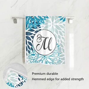 Oreayn Monogrammed Hand Towel for Bathroom Kitchen Polyester and Cotton 30 x 15 inch Soft and Absorbent, Blue and Navy Chrysanthemum Flowers Pattern, Monogram Letter M