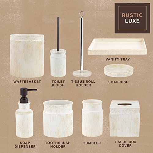 Rustic Luxe Farmhouse Bathroom Accessories Set - 4 Piece Beige Bathroom Accessory Set - Includes Hand Soap Dispenser, Toothbrush Holder, Soap Dish & Tumbler - for Elegant Rustic Bathroom Decor