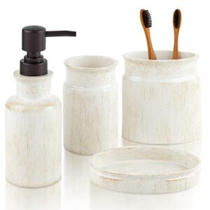 Rustic Luxe Farmhouse Bathroom Accessories Set - 4 Piece Beige Bathroom Accessory Set - Includes Hand Soap Dispenser, Toothbrush Holder, Soap Dish & Tumbler - for Elegant Rustic Bathroom Decor