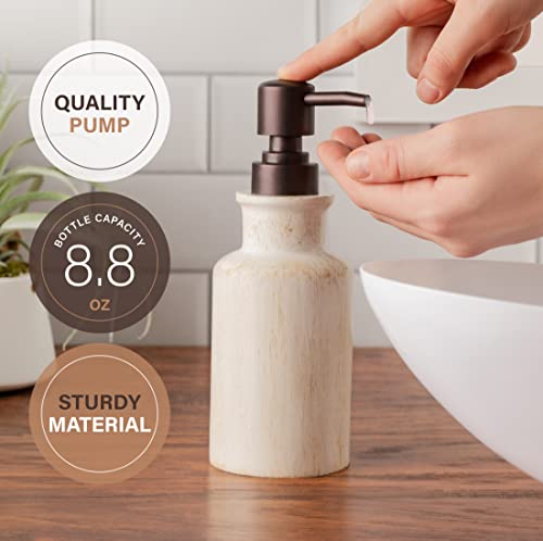 Rustic Luxe Farmhouse Bathroom Accessories Set - 4 Piece Beige Bathroom Accessory Set - Includes Hand Soap Dispenser, Toothbrush Holder, Soap Dish & Tumbler - for Elegant Rustic Bathroom Decor