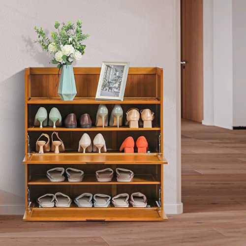 MoNiBloom 5 Tier Shoe Storage Cabinet, Bamboo Shoes Heels Sneakers Rack Organizer with Pull-Down Doors for 16-20 Pairs Entryway Hallway Living Room, Brown