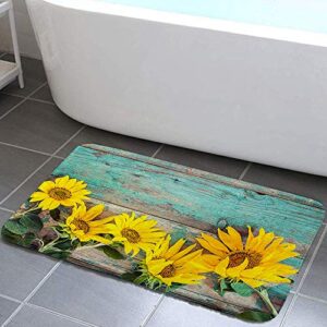 farm teal wooden with sunflower bath rugs, farmhouse plant nature floral sunflowers on rustic old barn wood bath rugs, non-slip floor entryways indoor front door mat,bath mat bathroom rugs, 17x29in