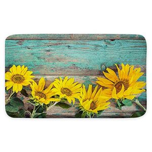 Farm Teal Wooden with Sunflower Bath Rugs, Farmhouse Plant Nature Floral Sunflowers on Rustic Old Barn Wood Bath Rugs, Non-Slip Floor Entryways Indoor Front Door Mat,Bath Mat Bathroom Rugs, 17X29in