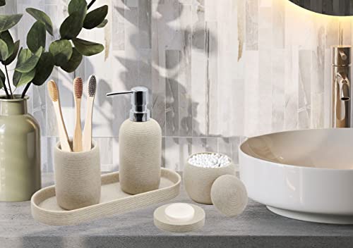 Resin Bathroom Accessories Set, 5 Pcs Heavy & Sturdy Matte Beige Bathroom Accessory Set with Soap Dispenser,Soap Dish,Toothbrush Holder,Tray,Cotton Jar, Classy Bathroom Decor and Gift Set