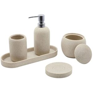 resin bathroom accessories set, 5 pcs heavy & sturdy matte beige bathroom accessory set with soap dispenser,soap dish,toothbrush holder,tray,cotton jar, classy bathroom decor and gift set