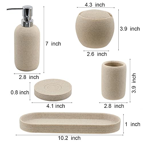 Resin Bathroom Accessories Set, 5 Pcs Heavy & Sturdy Matte Beige Bathroom Accessory Set with Soap Dispenser,Soap Dish,Toothbrush Holder,Tray,Cotton Jar, Classy Bathroom Decor and Gift Set