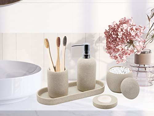 Resin Bathroom Accessories Set, 5 Pcs Heavy & Sturdy Matte Beige Bathroom Accessory Set with Soap Dispenser,Soap Dish,Toothbrush Holder,Tray,Cotton Jar, Classy Bathroom Decor and Gift Set