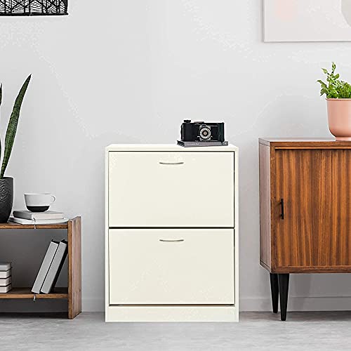 KD ModySimble Tipping White Shoe Cabinet 2-Drawer Horizontal Shoe Rack Storage Organizer Wooden Shoe Cabinet