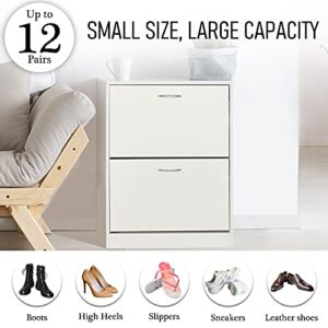 KD ModySimble Tipping White Shoe Cabinet 2-Drawer Horizontal Shoe Rack Storage Organizer Wooden Shoe Cabinet