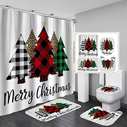 Christmas Bath Sets Shower Curtain and 3Pcs Bathroom Rugs and Mats Sets Buffalo Plaid Christmas Tree Shower Curtain Bathroom Decor Set Farmhouse