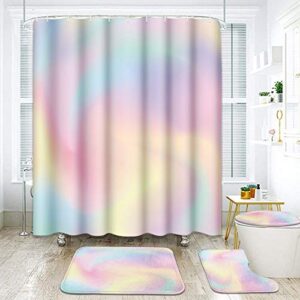 artsocket 4 pcs shower curtain set iridescent gradient color rainbow watercolor blue light mint abstract with non-slip rugs toilet lid cover and bath mat bathroom decor set 72" x 72"