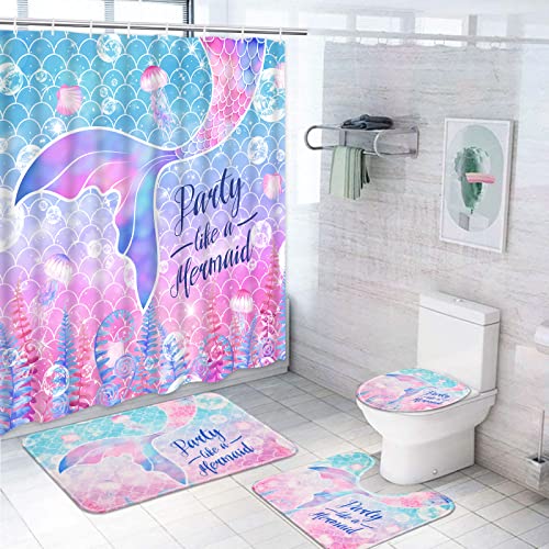 Likiyol 4 Pcs Mermaid Shower Curtain Sets with Non-Slip Rugs, Toilet Lid Cover and Bath Mat, Pink Girls Shower Curtain with 12 Hooks, Ocean Shower Curtains for Bathroom