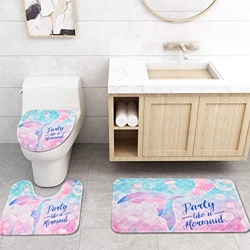 Likiyol 4 Pcs Mermaid Shower Curtain Sets with Non-Slip Rugs, Toilet Lid Cover and Bath Mat, Pink Girls Shower Curtain with 12 Hooks, Ocean Shower Curtains for Bathroom