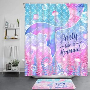 Likiyol 4 Pcs Mermaid Shower Curtain Sets with Non-Slip Rugs, Toilet Lid Cover and Bath Mat, Pink Girls Shower Curtain with 12 Hooks, Ocean Shower Curtains for Bathroom