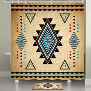 jawo southwestern shower curtain and mat southwest native american retro tribal navajo aztec ethnic pattern polyester fabric bathroom curtains set with flannel non-slip floor doormat bath rugs