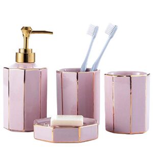 wpm world products mart 4 piece ceramic bathroom accessories set - blush rose pink gold - complete bath decor kit includes designer soap and lotion dispenser - cup - tumbler - soap dish (design2)