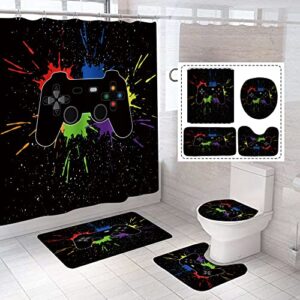 norbey 4 pcs game shower curtain set, classic videogames controller bath curtain with anti-slip mat toilet cover carpet set and 12 hooks, black splash ink colorful bathroom decor set 72 x 72 inch