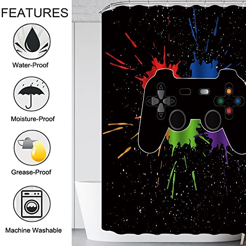 NORBEY 4 Pcs Game Shower Curtain Set, Classic Videogames Controller Bath Curtain with Anti-Slip Mat Toilet Cover Carpet Set and 12 Hooks, Black Splash Ink Colorful Bathroom Decor Set 72 x 72 Inch