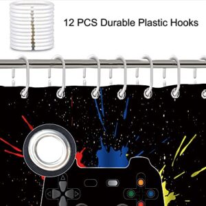 NORBEY 4 Pcs Game Shower Curtain Set, Classic Videogames Controller Bath Curtain with Anti-Slip Mat Toilet Cover Carpet Set and 12 Hooks, Black Splash Ink Colorful Bathroom Decor Set 72 x 72 Inch