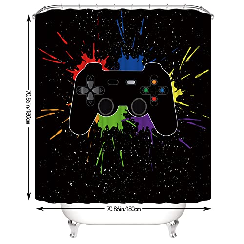 NORBEY 4 Pcs Game Shower Curtain Set, Classic Videogames Controller Bath Curtain with Anti-Slip Mat Toilet Cover Carpet Set and 12 Hooks, Black Splash Ink Colorful Bathroom Decor Set 72 x 72 Inch