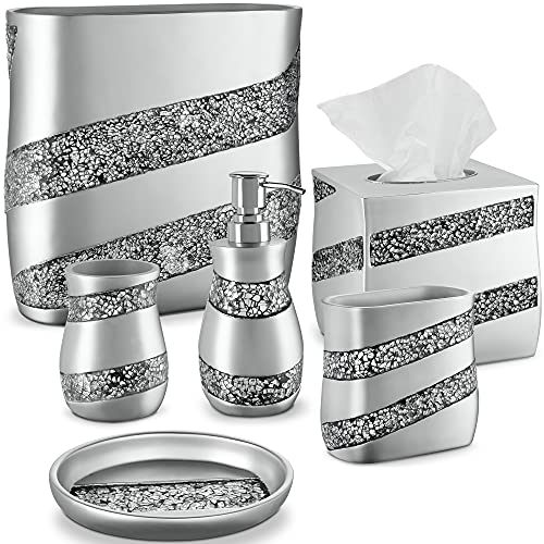 Creative Scents 6-Piece Silver Bathroom Accessories Set - Complete Bathroom Set Includes: Mosaic Glass Wastebasket, Soap Dispenser, Square Tissue Cover, Toothbrush Holder, Tumbler, and Soap Dish