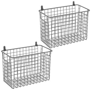 mDesign Portable Metal Farmhouse Wall Decor Storage Organizer Basket Bin with Handles for Hanging in Entryway, Mudroom, Bedroom, Bathroom, Laundry Room - Wall Mount Hooks Included, 2 Pack - Graphite