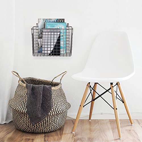 mDesign Portable Metal Farmhouse Wall Decor Storage Organizer Basket Bin with Handles for Hanging in Entryway, Mudroom, Bedroom, Bathroom, Laundry Room - Wall Mount Hooks Included, 2 Pack - Graphite