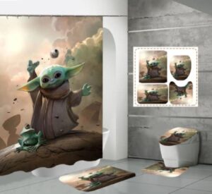 xjsadxcz 4 piece baby yoda shower curtain sets with including square non-slip floor mat, u-shaped mat, toilet lid cover mat, and shower curtain with ，72"x72"