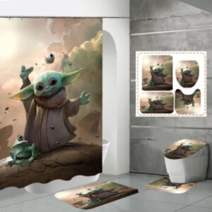 Xjsadxcz 4 Piece Baby Yoda Shower Curtain Sets with Including Square Non-Slip Floor Mat, U-Shaped Mat, Toilet lid Cover Mat, and Shower Curtain with ，72"x72"