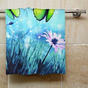 TsyTma Fairy Butterflies in Mystic Forest Hand Towels Blue Quick Dry Bathroom Washcloth 30 X 15 Inches for Beach Guest Hotel Spa Gym Sports Yoga Home