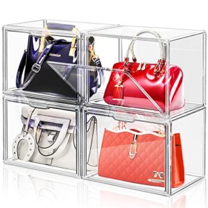 dilibra set of 4 plastic purse storage organizer for closet, acrylic display case for purse and handbag, stackable storage boxes organizer with magnetic door for clutch wallet book toys