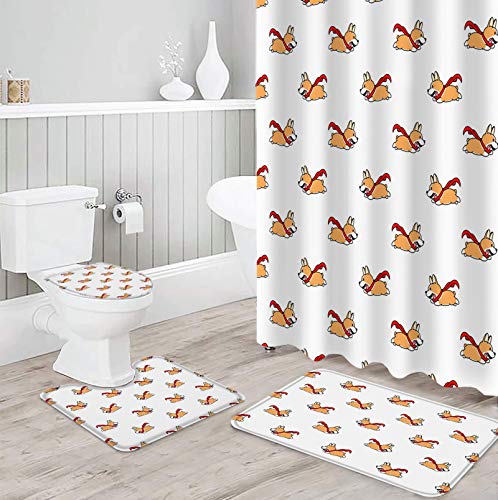 FAMILYDECOR 4 Pcs Bathroom Decor Set, Polyester Waterproof Bath Curtain and Non-Slip Bathroom Rugs Toilet Lid Cover, Cute Cartoon Corgi Running Shower Curtain with Hooks 36x72 Inch