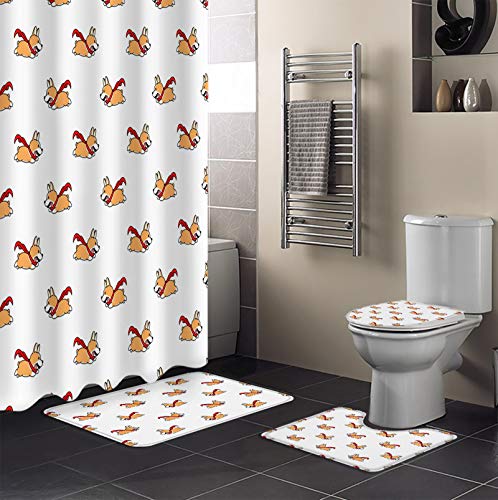 FAMILYDECOR 4 Pcs Bathroom Decor Set, Polyester Waterproof Bath Curtain and Non-Slip Bathroom Rugs Toilet Lid Cover, Cute Cartoon Corgi Running Shower Curtain with Hooks 36x72 Inch