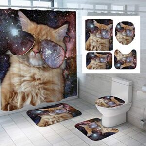 4pcs space cat shower curtain sets with rugs,cute cat wear galaxy glasses, kids bathroom decor non-slip bathroom mat bath mat toilet rug,with 12 hooks,72x72 inch,yellow cat