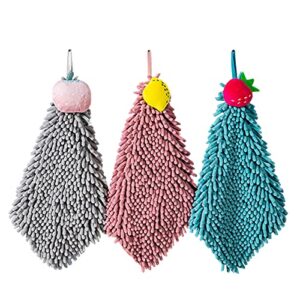 chenille hanging hand towels soft absorbent microfiber hand towels plush quick-drying cute cartoon fruit hand towel with hanging loops for bathroom kitchen (blue+grey+pink)