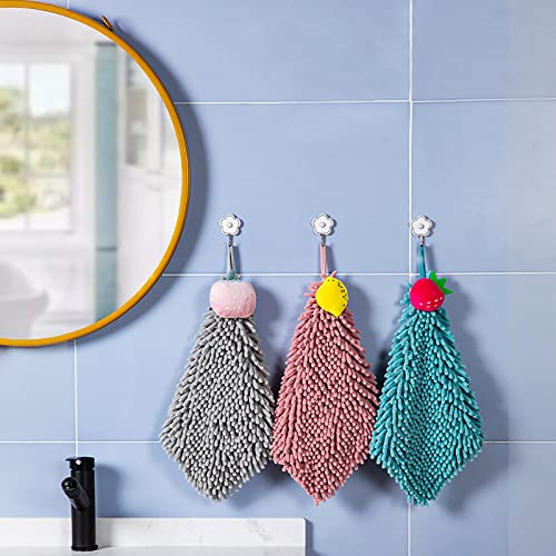 Chenille Hanging Hand Towels Soft Absorbent Microfiber Hand Towels Plush Quick-Drying Cute Cartoon Fruit Hand Towel with Hanging Loops for Bathroom Kitchen (Blue+Grey+Pink)