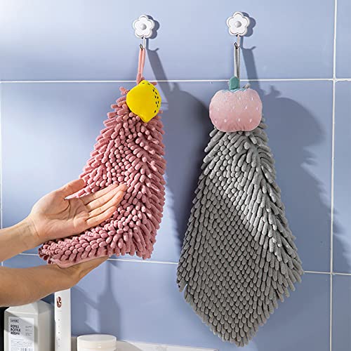 Chenille Hanging Hand Towels Soft Absorbent Microfiber Hand Towels Plush Quick-Drying Cute Cartoon Fruit Hand Towel with Hanging Loops for Bathroom Kitchen (Blue+Grey+Pink)