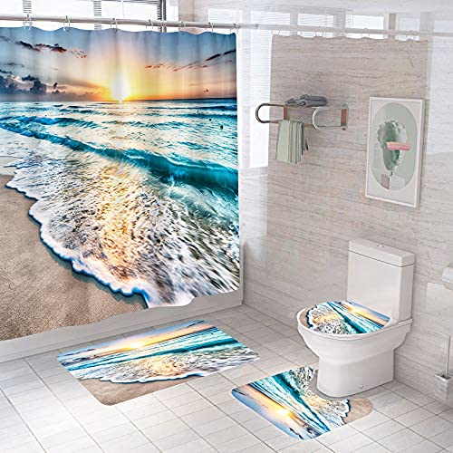 NMPPTM 4 Pcs Shower Curtain Set Beautiful Sunrise Over Sea Beach Sunny Sunset Marine Natural with Non-Slip Rugs Toilet Lid Cover and Bath Mat Bathroom Decor Set