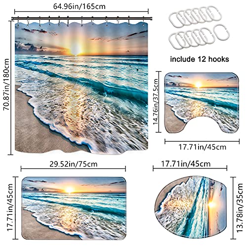 NMPPTM 4 Pcs Shower Curtain Set Beautiful Sunrise Over Sea Beach Sunny Sunset Marine Natural with Non-Slip Rugs Toilet Lid Cover and Bath Mat Bathroom Decor Set