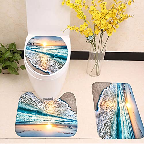 NMPPTM 4 Pcs Shower Curtain Set Beautiful Sunrise Over Sea Beach Sunny Sunset Marine Natural with Non-Slip Rugs Toilet Lid Cover and Bath Mat Bathroom Decor Set