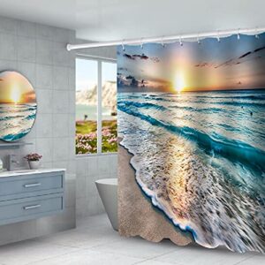 NMPPTM 4 Pcs Shower Curtain Set Beautiful Sunrise Over Sea Beach Sunny Sunset Marine Natural with Non-Slip Rugs Toilet Lid Cover and Bath Mat Bathroom Decor Set