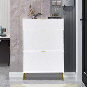 Anbuy Shoe Cabinet, Free Standing Tipping Bucket Entryway Shoes Cabinets, Shoes Storage Cabinet with 3 Flip Drawers, Narrow Shoe Rack Cabinet for Entryway, Modern Shoes Organizer (White)