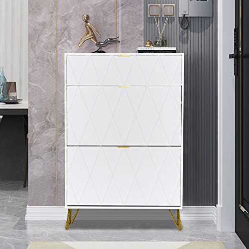 Anbuy Shoe Cabinet, Free Standing Tipping Bucket Entryway Shoes Cabinets, Shoes Storage Cabinet with 3 Flip Drawers, Narrow Shoe Rack Cabinet for Entryway, Modern Shoes Organizer (White)