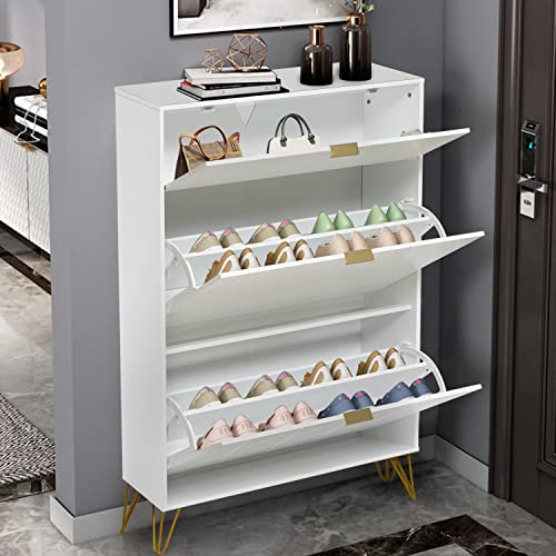 Anbuy Shoe Cabinet, Free Standing Tipping Bucket Entryway Shoes Cabinets, Shoes Storage Cabinet with 3 Flip Drawers, Narrow Shoe Rack Cabinet for Entryway, Modern Shoes Organizer (White)