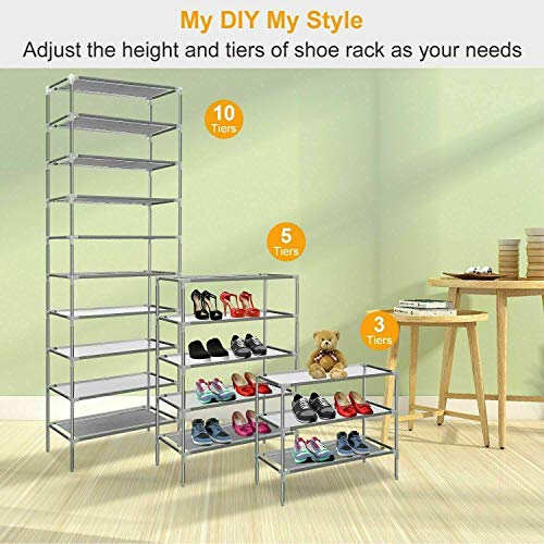 elifine Shoe Rack 10 Tiers Easy Assembled Stand Sturdy Shelf Storage Organizer Free Standing Shoe Racks (Silver)