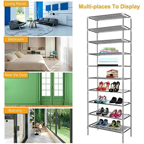 elifine Shoe Rack 10 Tiers Easy Assembled Stand Sturdy Shelf Storage Organizer Free Standing Shoe Racks (Silver)