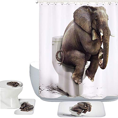 Amagical Elephant Digital Printing 16 Piece Bathroom Mat Set Shower Curtain Set Bathroom Mat Contour Mat Toilet Cover Waterproof Shower Curtain with 12 Hooks